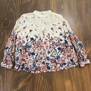 LUCKY BRAND Floral Boho Blouse Womens Small Cream Red Blue Long Sleeve Peasant